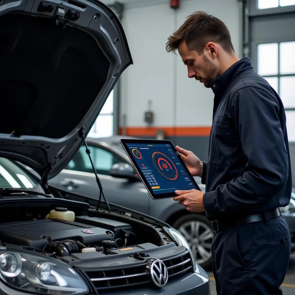 Mechanic Analyzing Volkswagen Engine Data