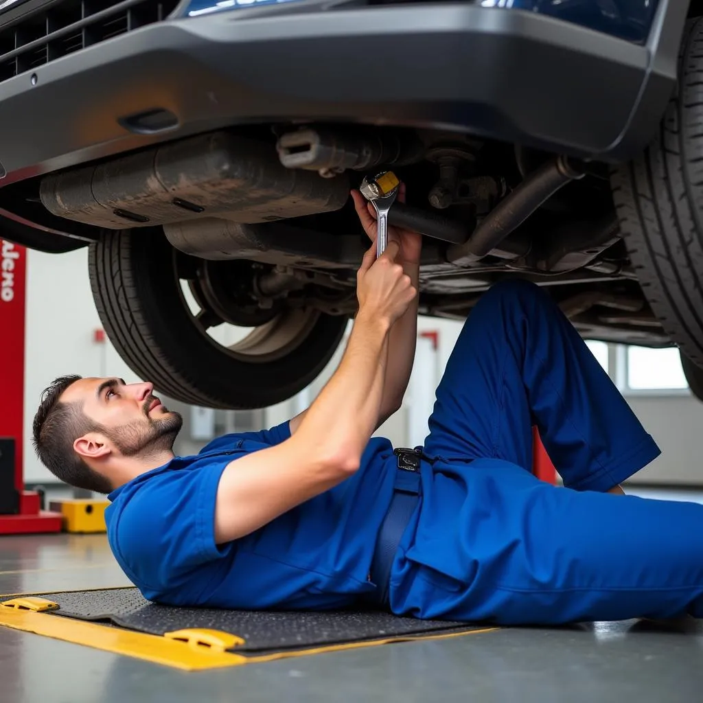 Mechanic Working Under a Lifted Car