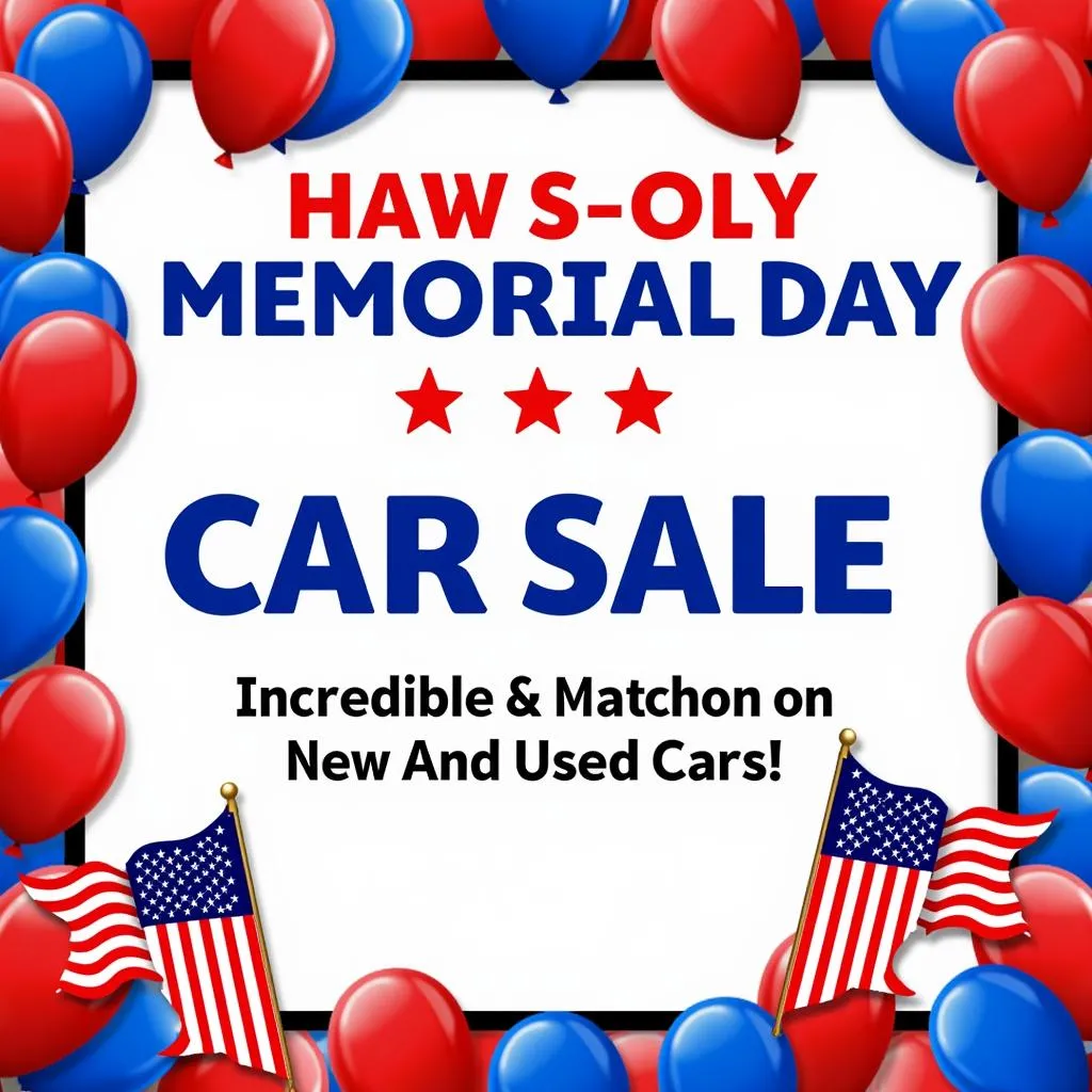 Memorial Day car sale banner with balloons and flags.