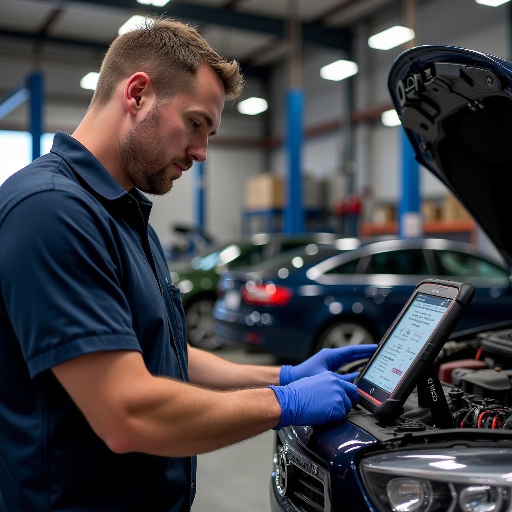 Technician Using Mitchell Scan Tool in Workshop