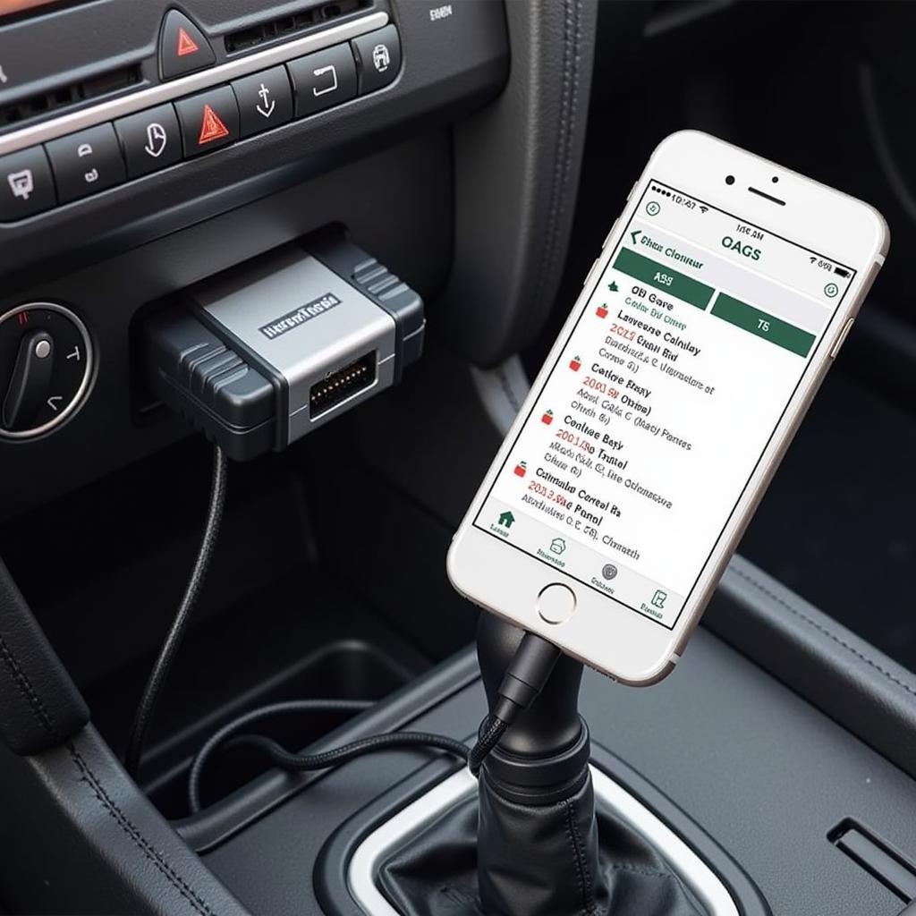 Mobile phone connected to car's OBD-II port via adapter