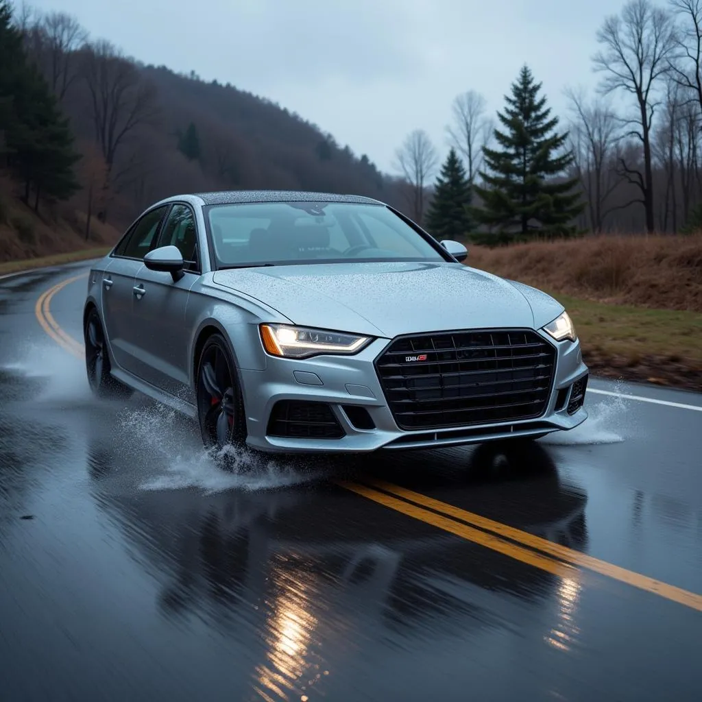 Modern car braking safely on a wet road