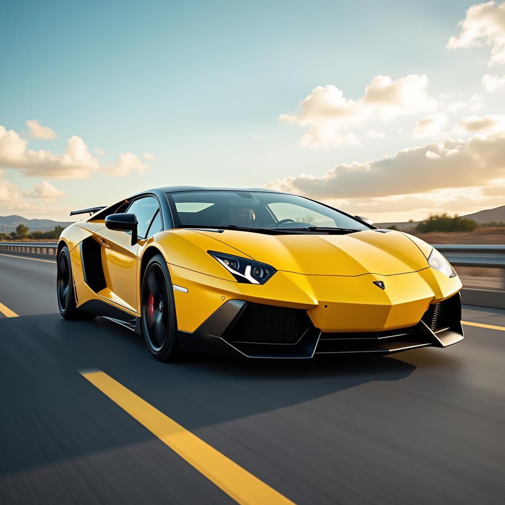 Modern Yellow Sports Car Speeding on the Highway