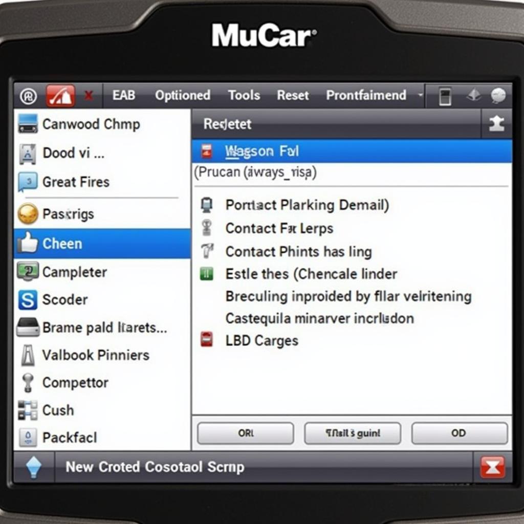 MuCar scan tool being used to reset the electronic parking brake after brake pad replacement.