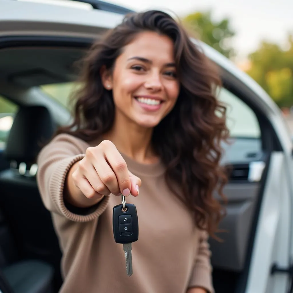 Excited new car owner celebrating