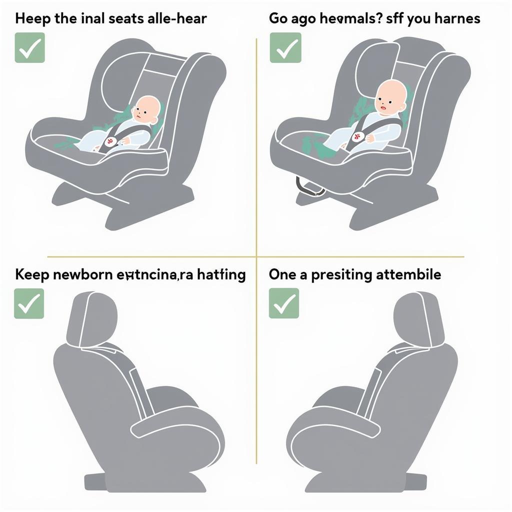 A close-up of a newborn baby safely secured in a rear-facing car seat with a five-point harness system