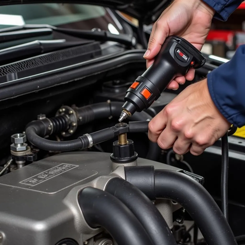 Mechanic inspecting a car engine for vacuum leaks