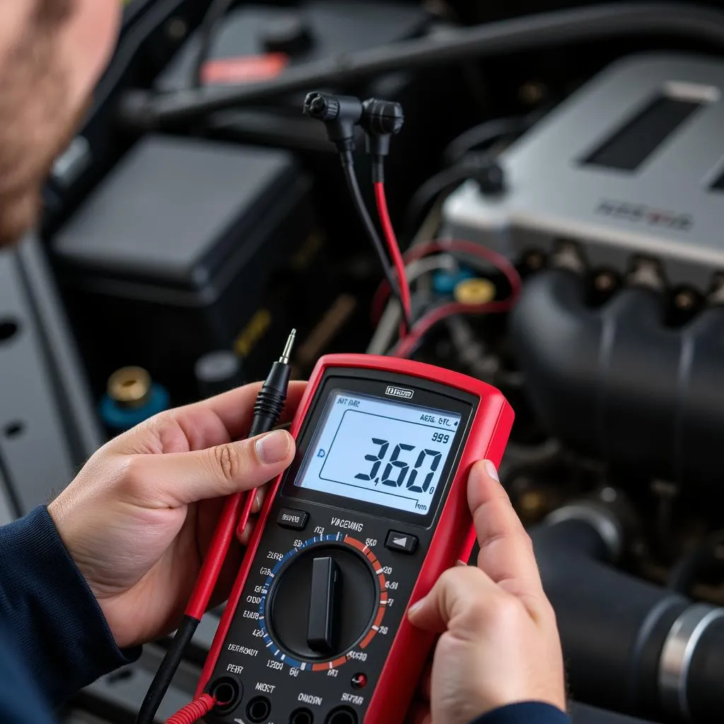 Mechanic testing car sensors with a multimeter