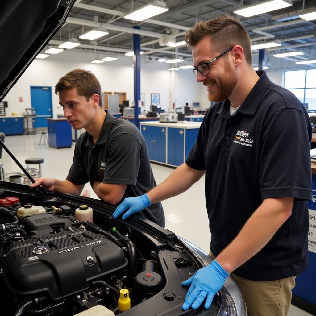 Students working on a car engine in the Northwest Career College automotive lab