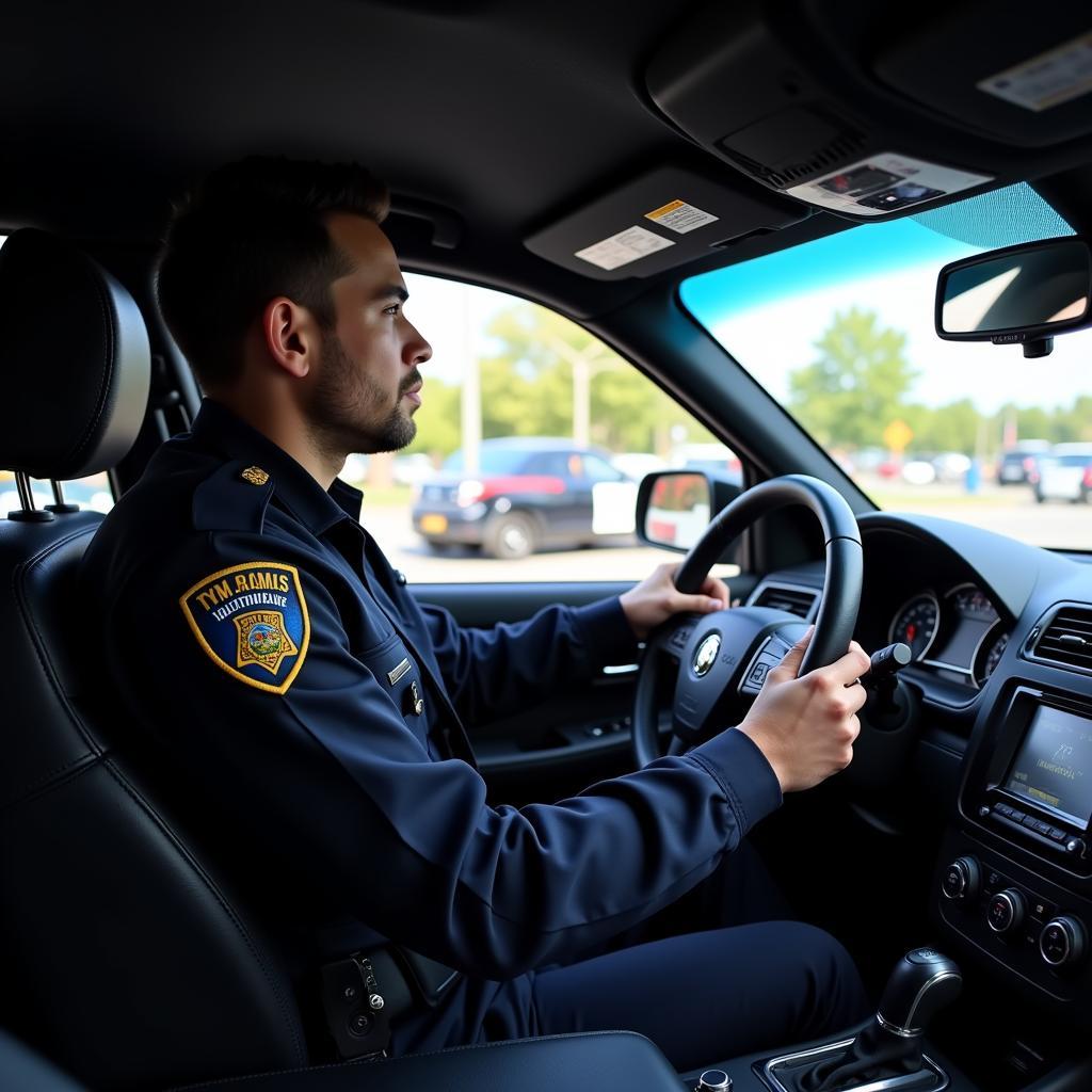 NYPD officer using CAD system in patrol car