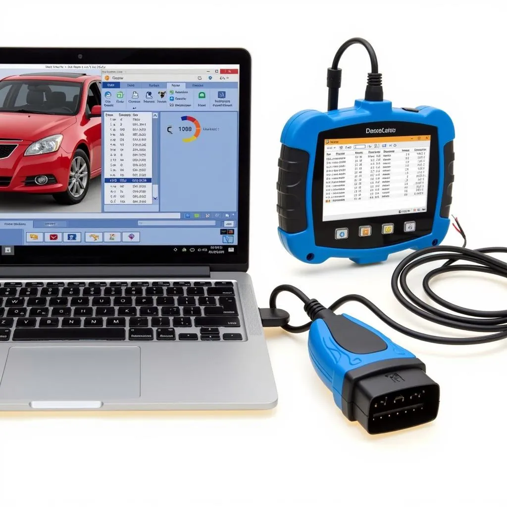 Laptop connected to car's OBD port via OBD scanner