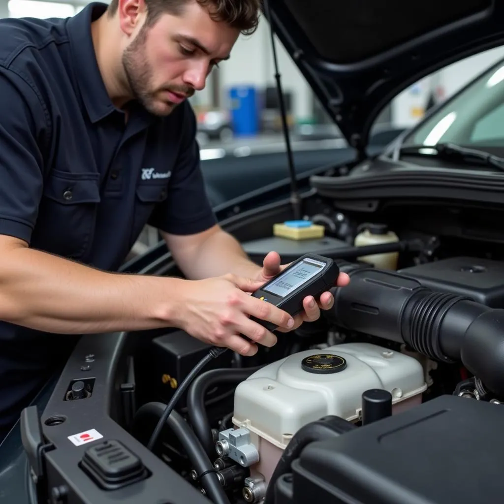 Mechanic Using OBD Scanner on a Car