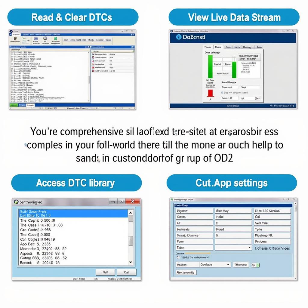 A smartphone displaying various features of an OBD2 diagnostic app