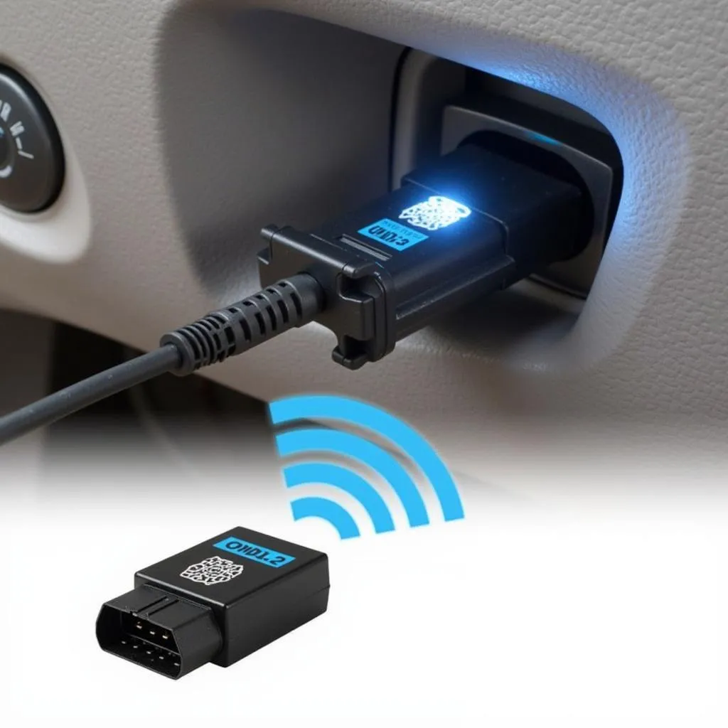 OBD2 Bluetooth adapter connected to a car's OBD port