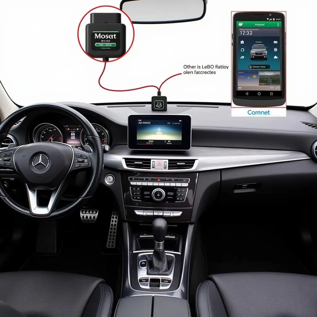 OBD2 scanner connected to a Mercedes Benz dashboard