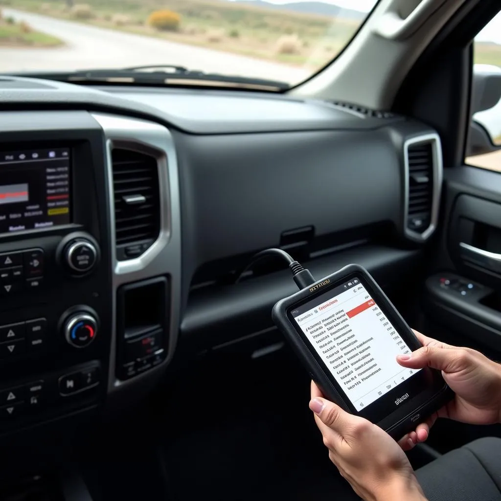 Truck dashboard with an OBD-II scanner plugged in