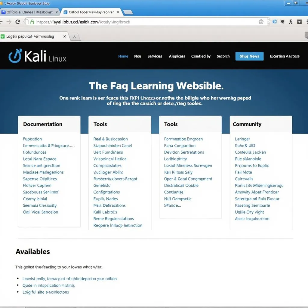 Screenshot of the official Kali Linux website homepage with its logo and navigation menu.