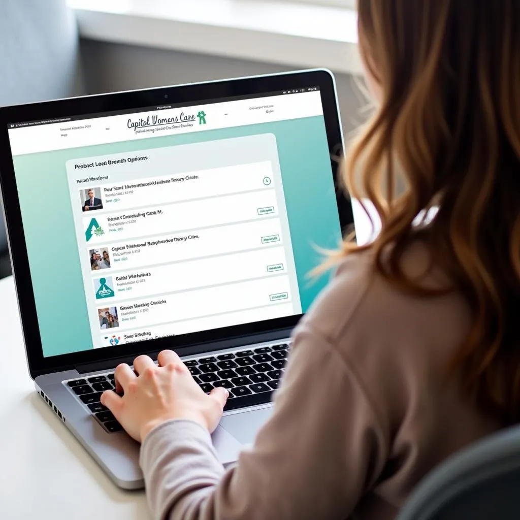 Woman using a laptop to search for a women's health clinic online.