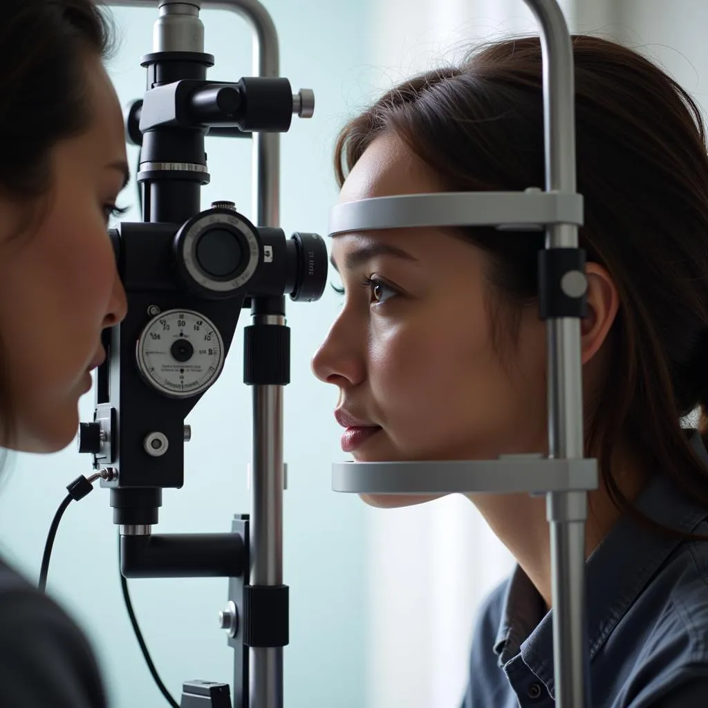 An optometrist carefully examining a patient's eyes using specialized equipment