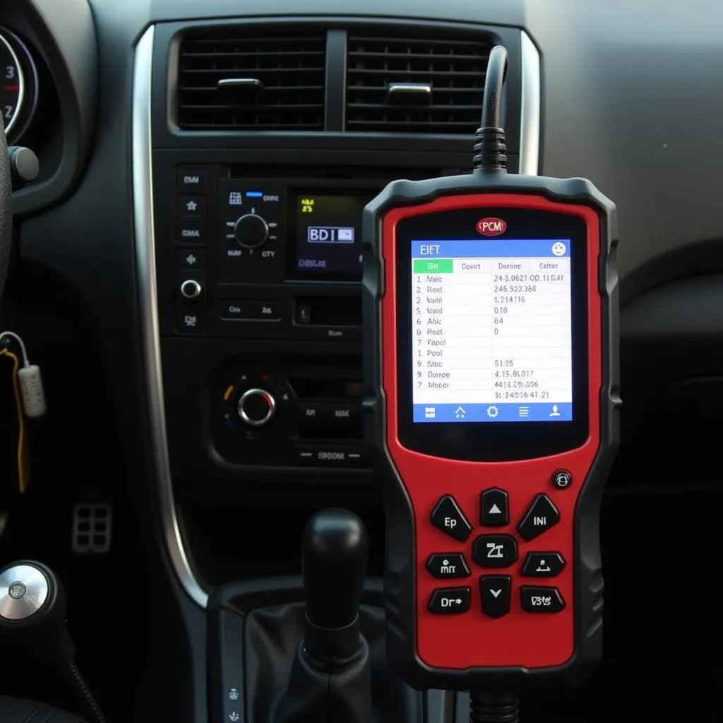 PCM scan tool connected to a car's OBD-II port