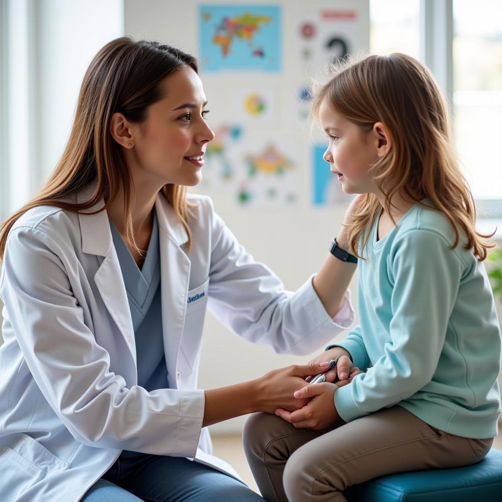 A pediatrician examines a child in a children's urgent care center.