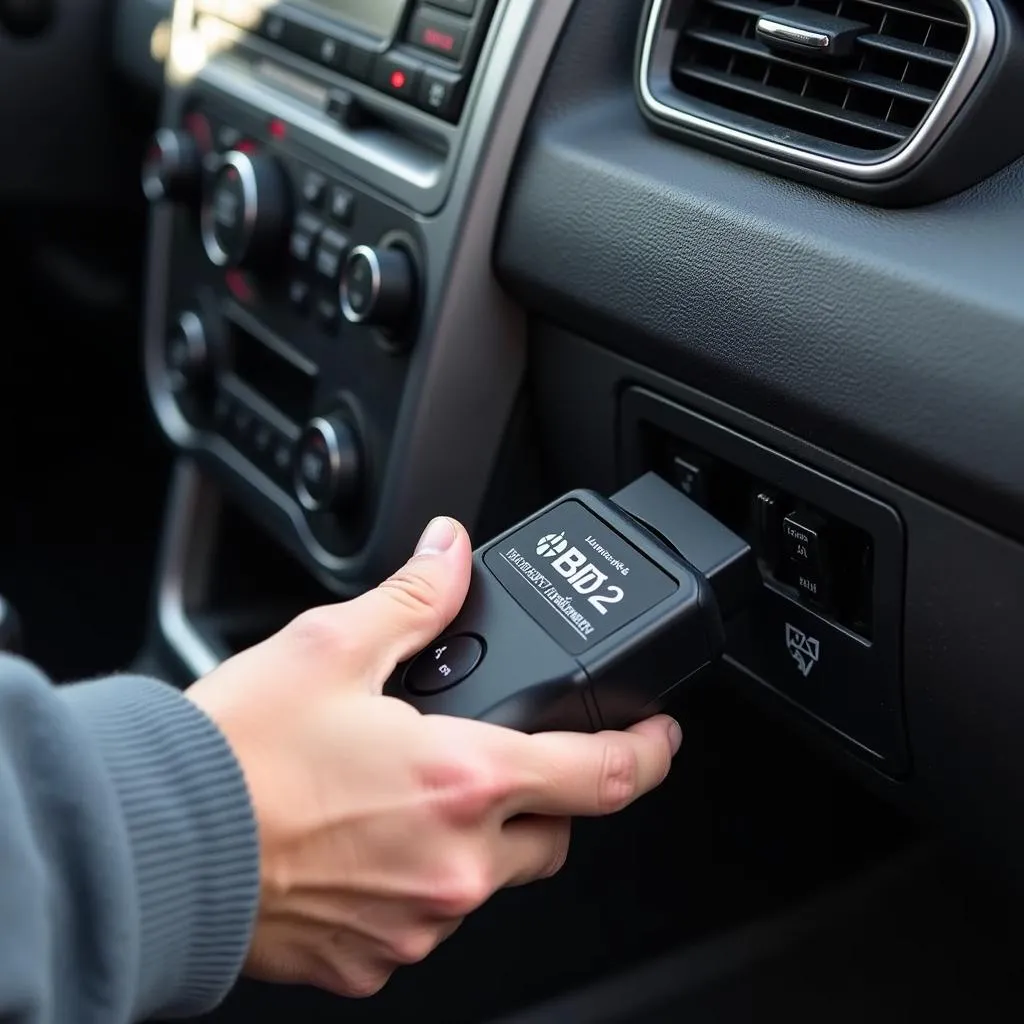 Person Using OBD2 Scanner on Car