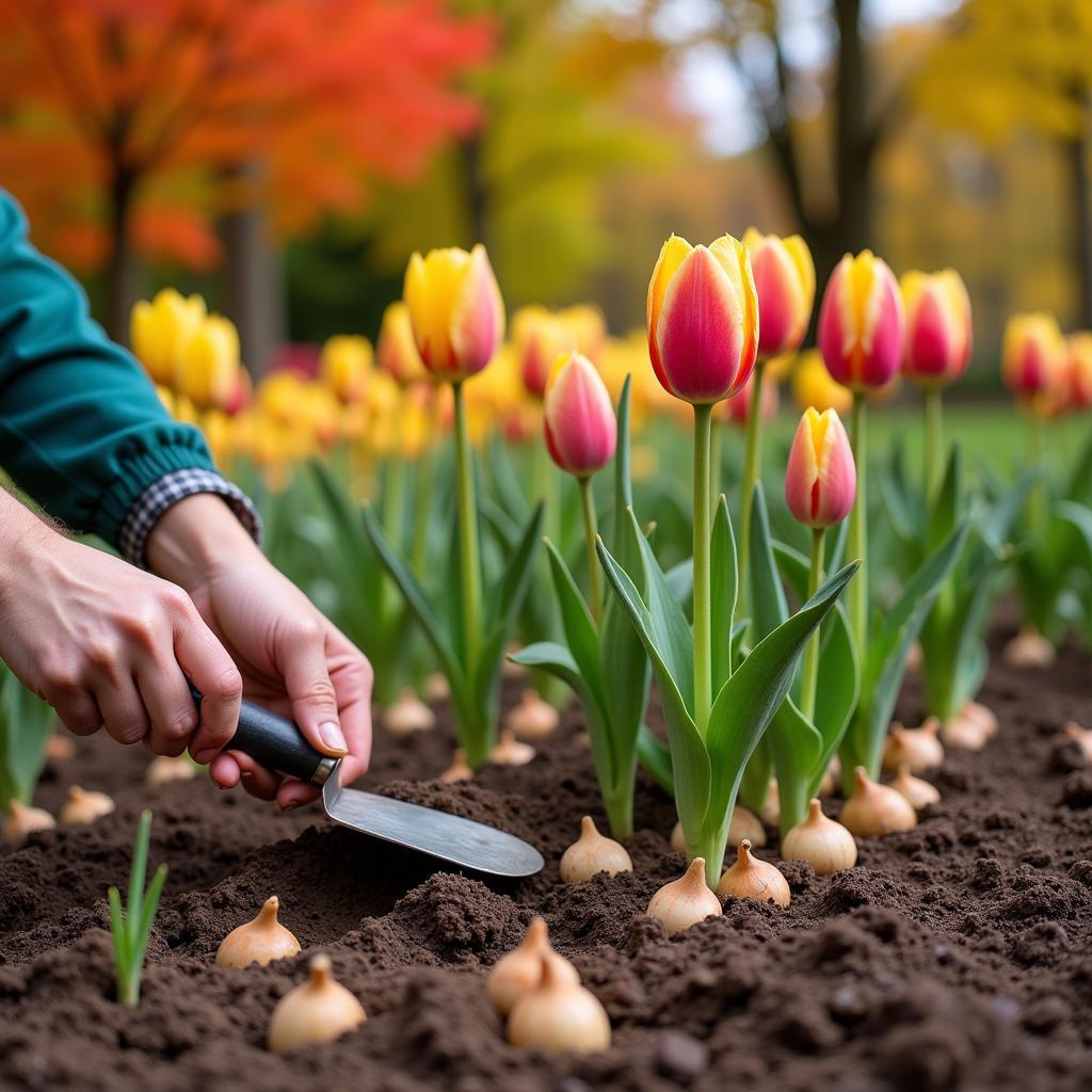 Planting Tulip Bulbs in Autumn Garden