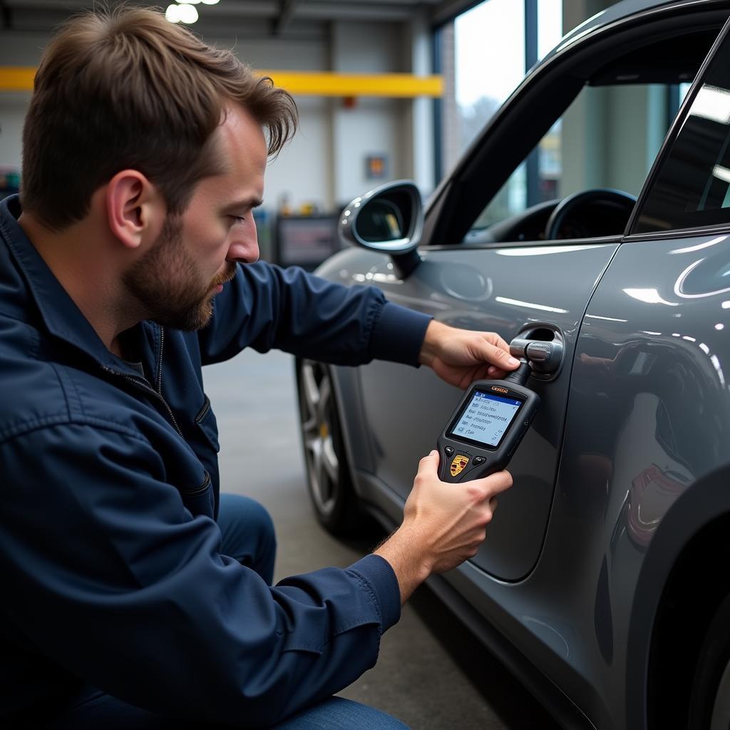 Porsche Mechanic Using Scan Tool