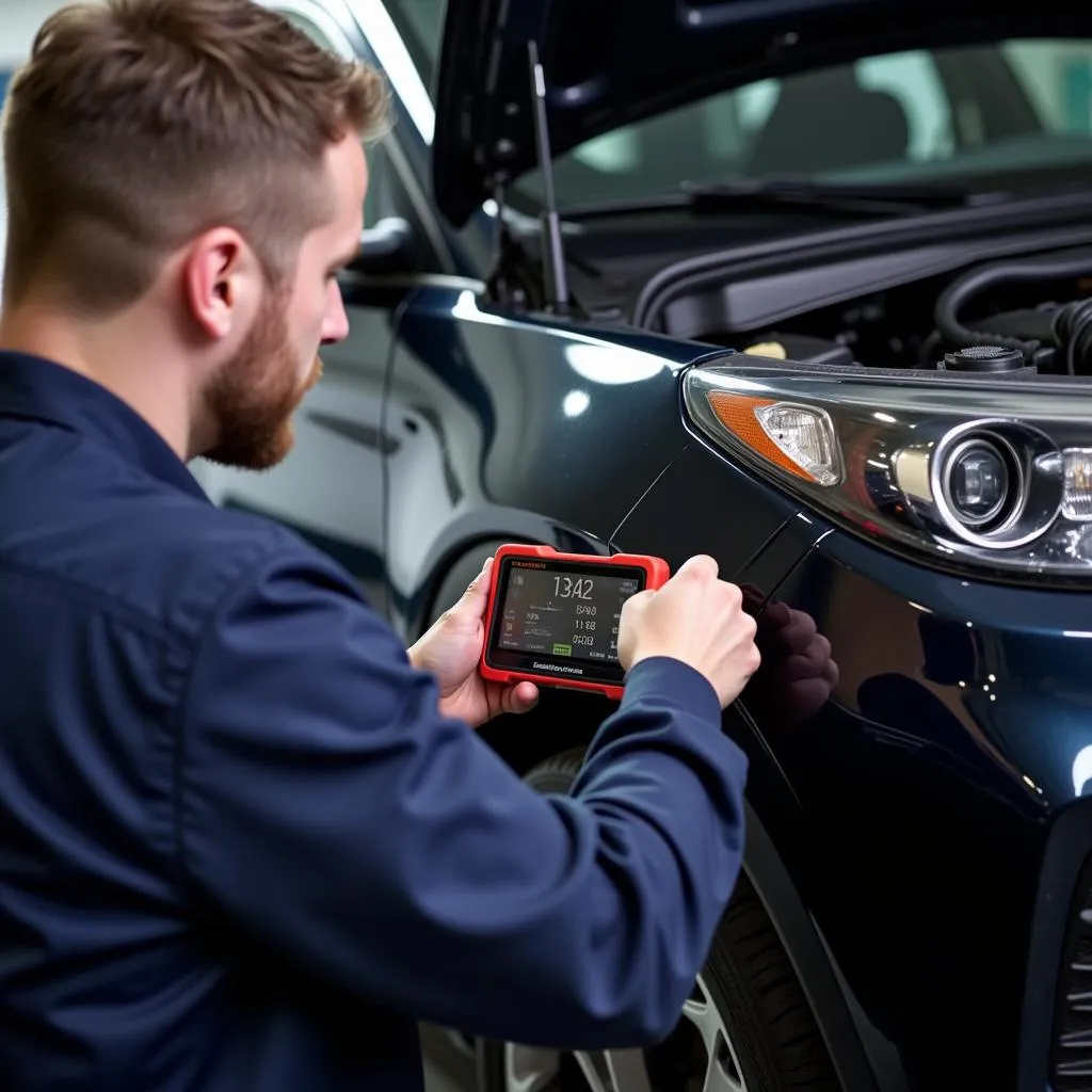 Mechanic using a pre-scan tool on a car