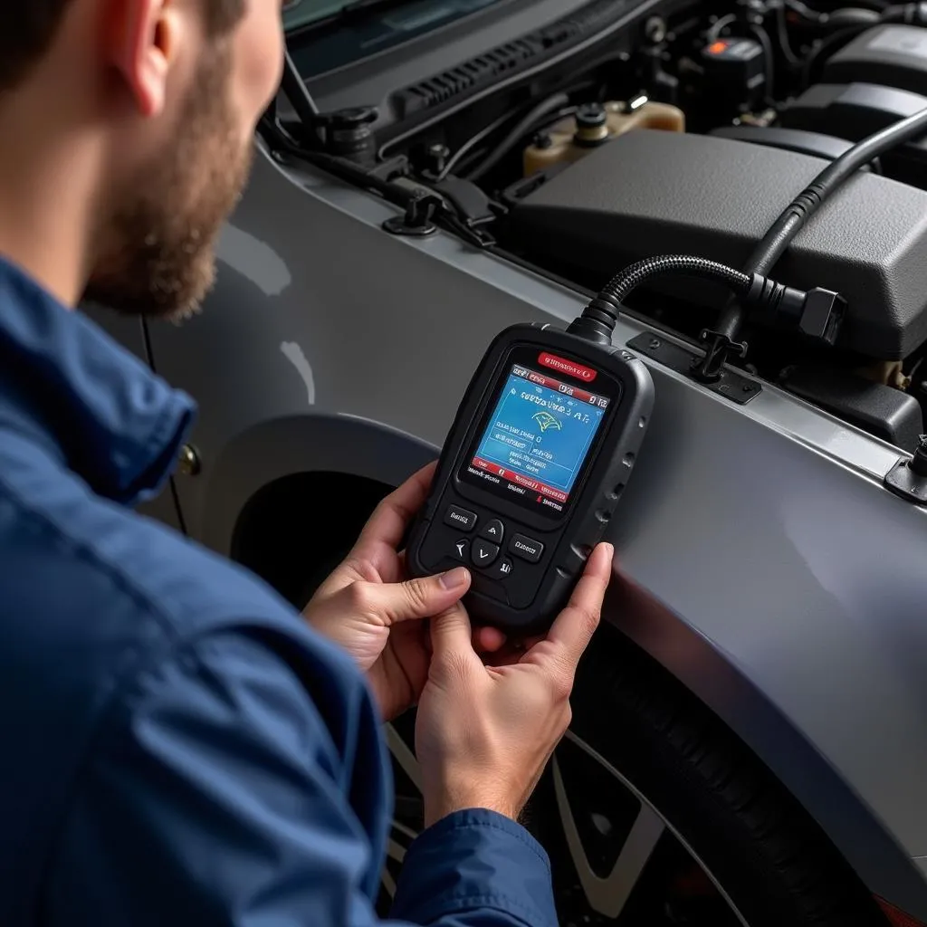 Mechanic using a professional auto diagnostic tool to diagnose a car problem