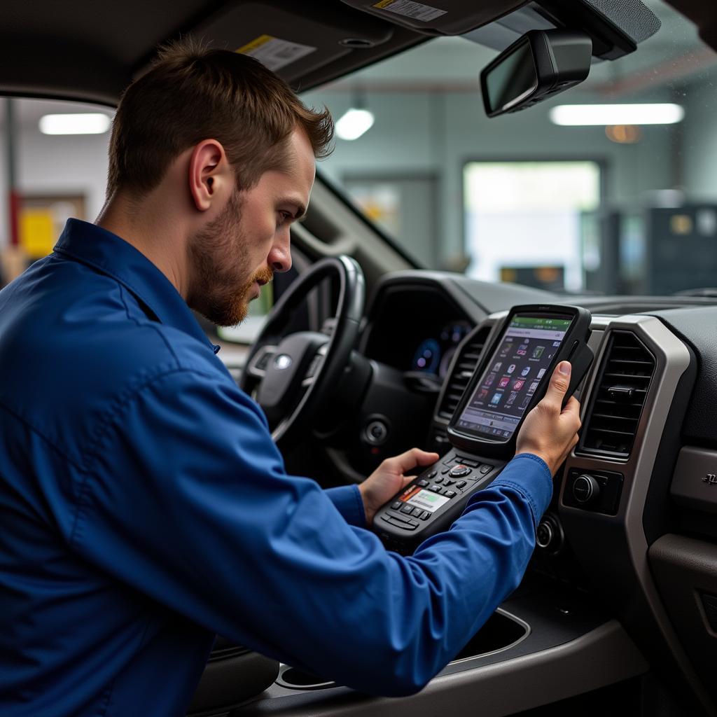 Professional Mechanic Diagnosing F250 Diesel