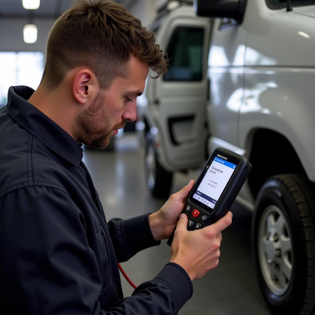 Professional Mechanic Using OBD2 Scanner on Ford E250