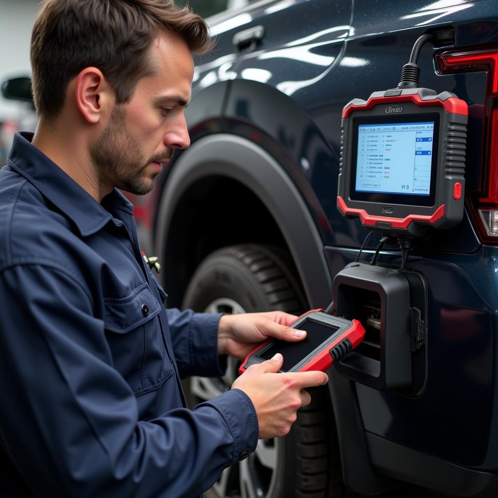 Professional Mechanic Using a Scan Tool on a Car