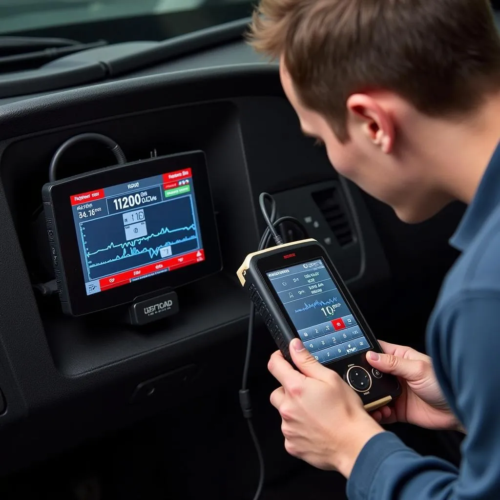 Mechanic using a professional scan tool with live data to diagnose a car engine