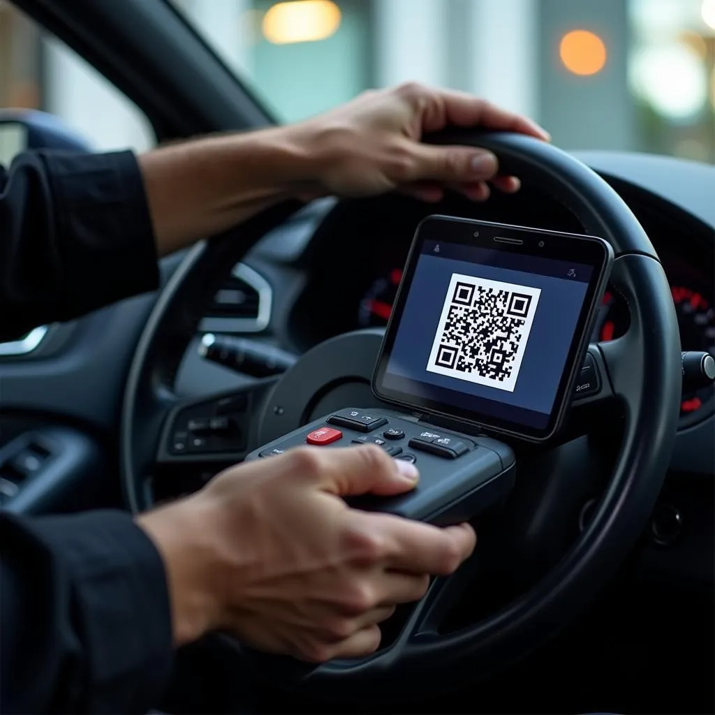 Technician scanning a QR code on a car dashboard