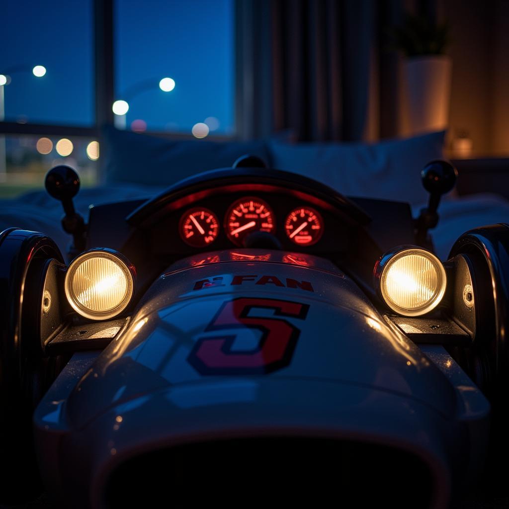 A child's race car bed equipped with functional headlights.