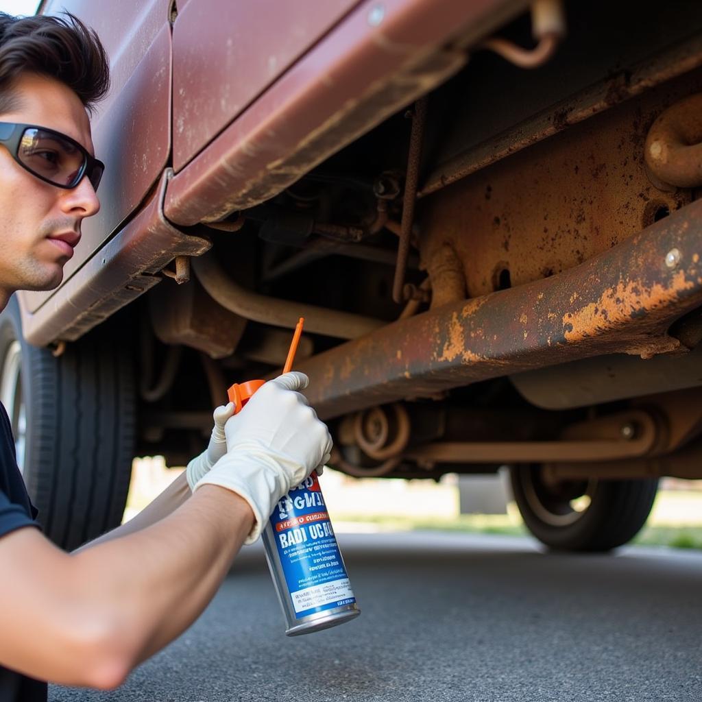 Applying Acid-Based Rust Remover to a Car's Undercarriage