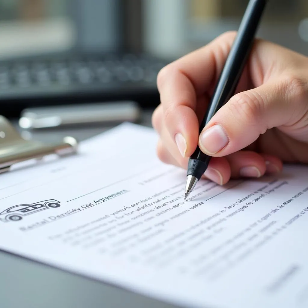 Signing a rental car agreement