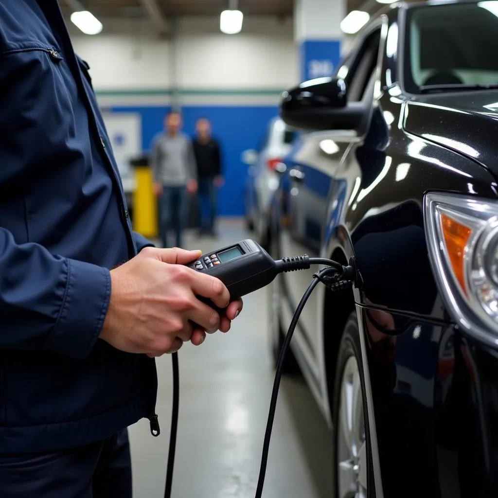 Mechanic inspecting a rental car with a dealer scanner