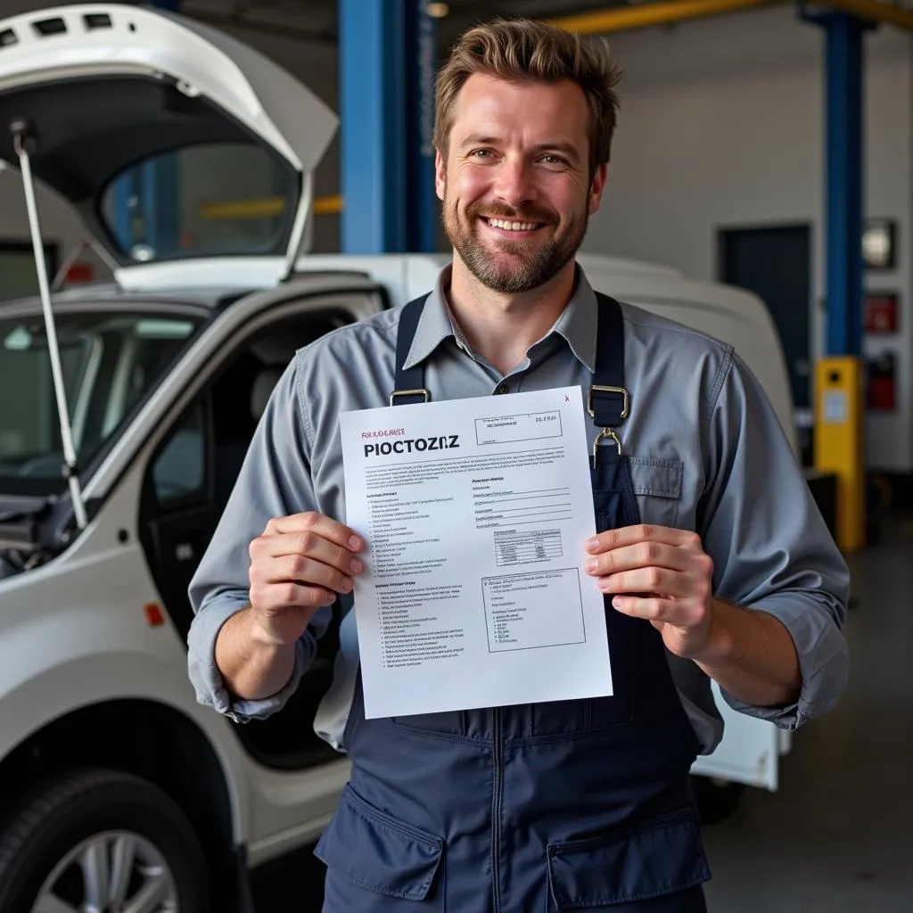 Mechanic showing a car diagnostic report to a customer