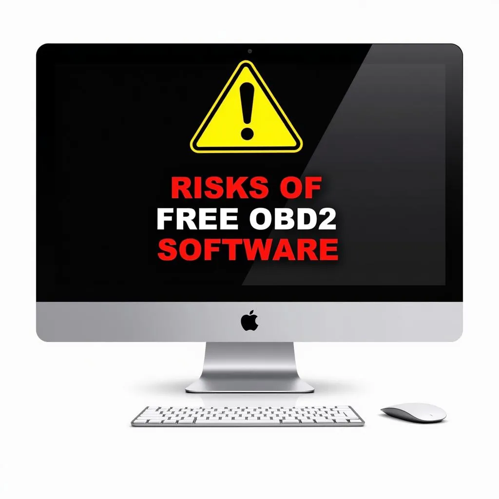 Warning sign displayed on a computer screen with the text &quot;Risks of Free OBD2 Software&quot;.