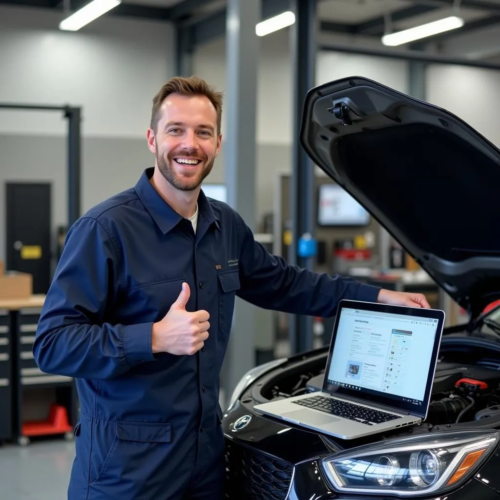 A happy mechanic successfully diagnoses a car issue using laptop software.