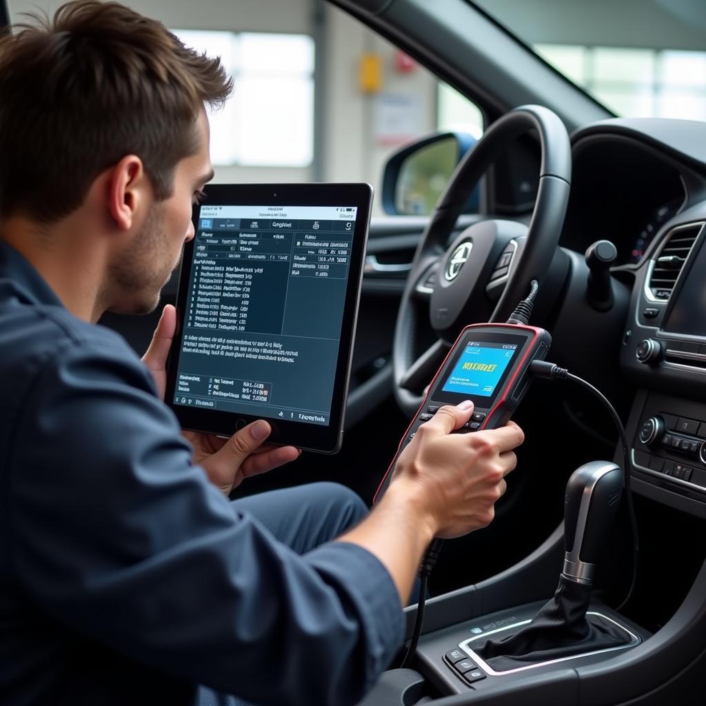 Mechanic using a scan tool to diagnose a car problem