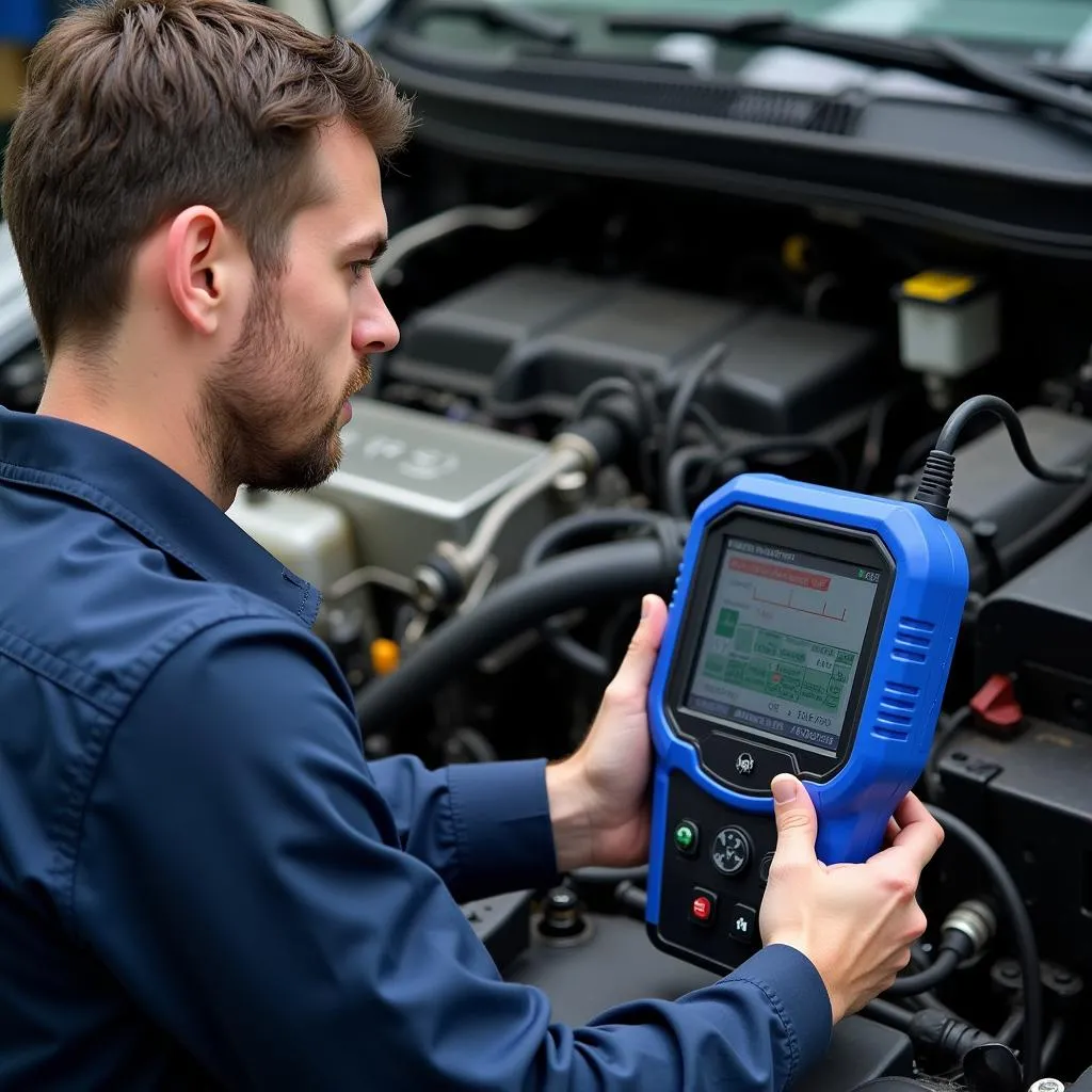 Mechanic Using a Scan Tool to Diagnose a Car