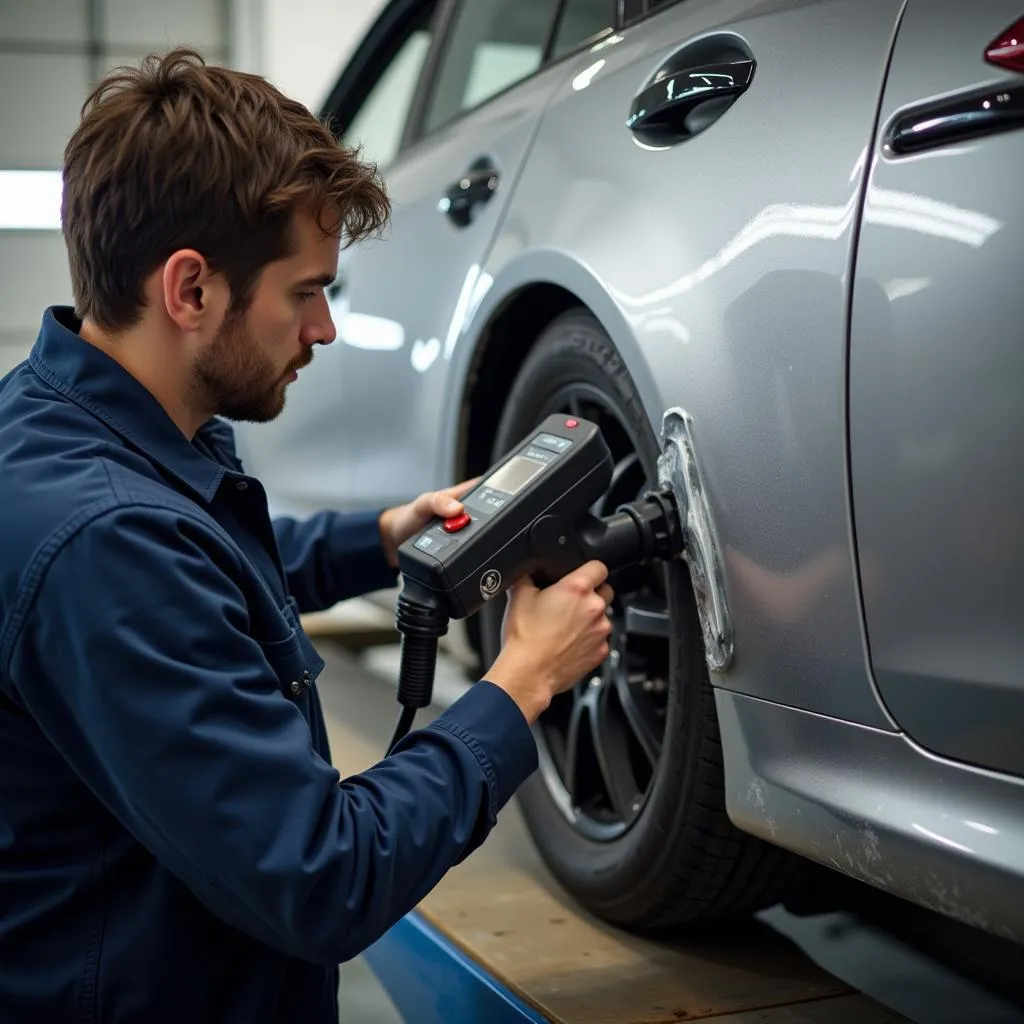 Mechanic using a scan tool linisher on a car body