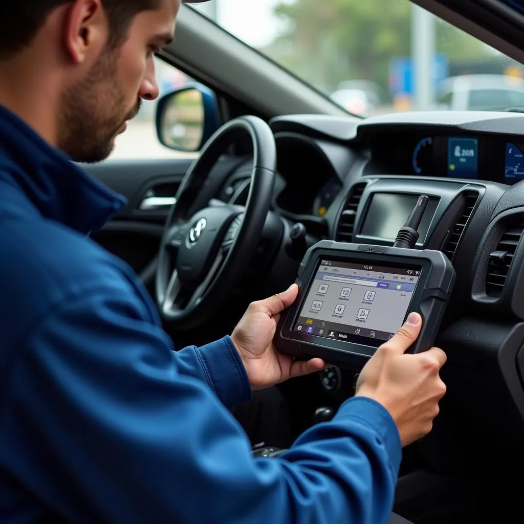 Mechanic using a scan tool to program a key fob