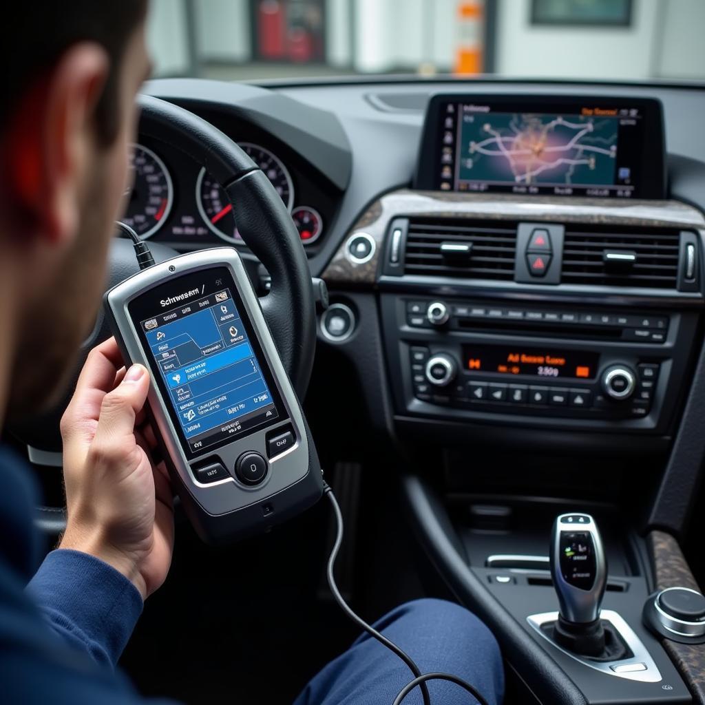 Technician Using Schwaben Pro Scan Tool on a BMW