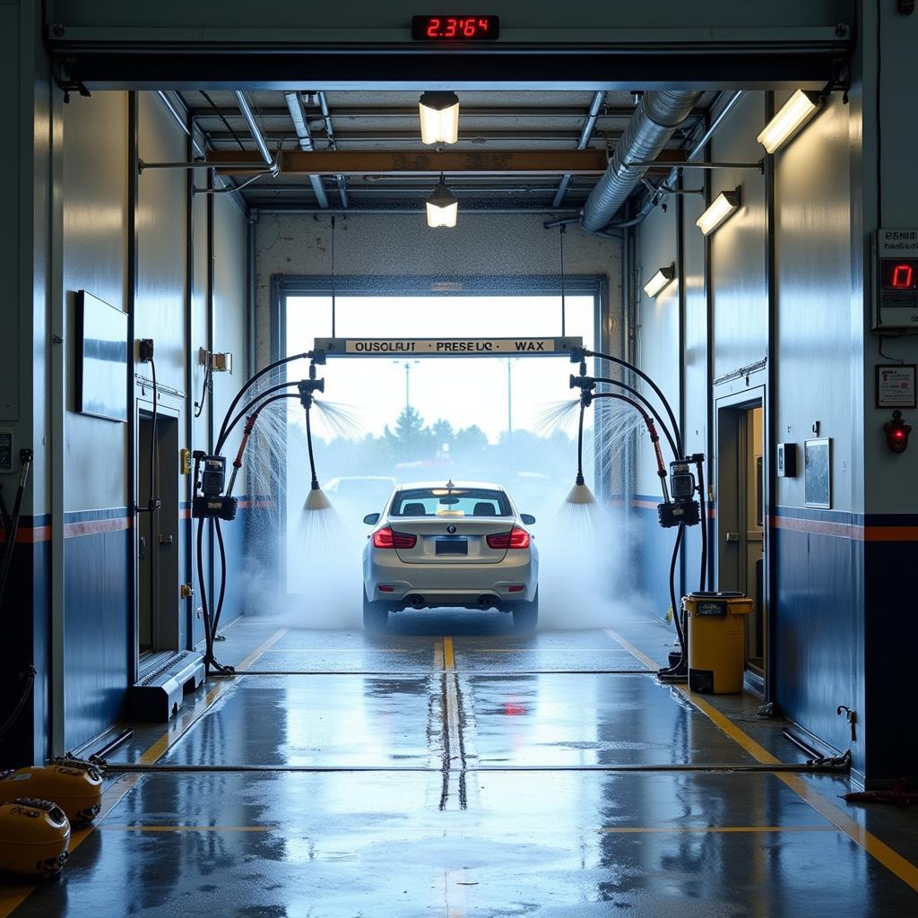 Modern Self-Service Car Wash Bay with Various Cleaning Options