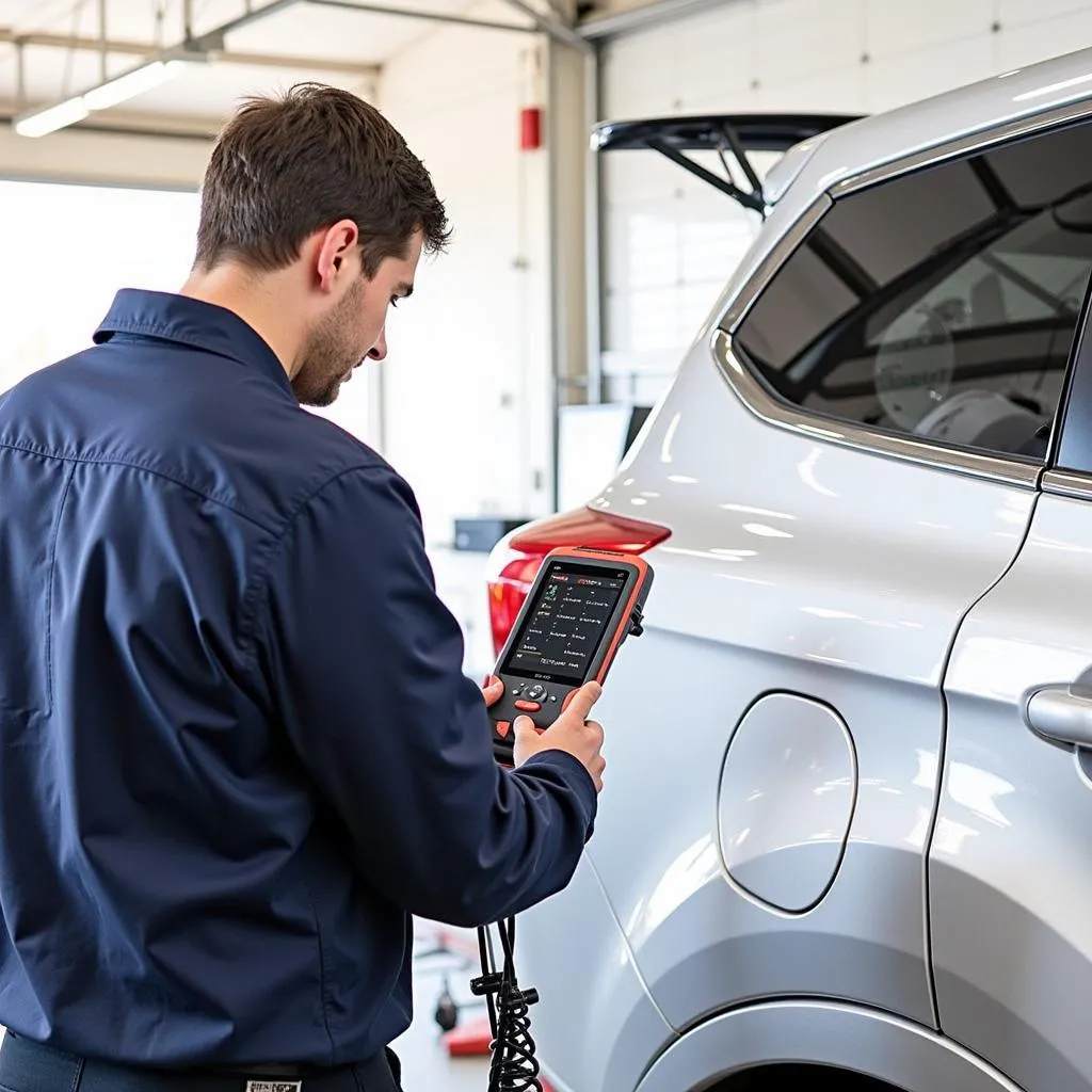 A mechanic using an Autel scanner with the Skyreat Antenna Booster to diagnose a car.