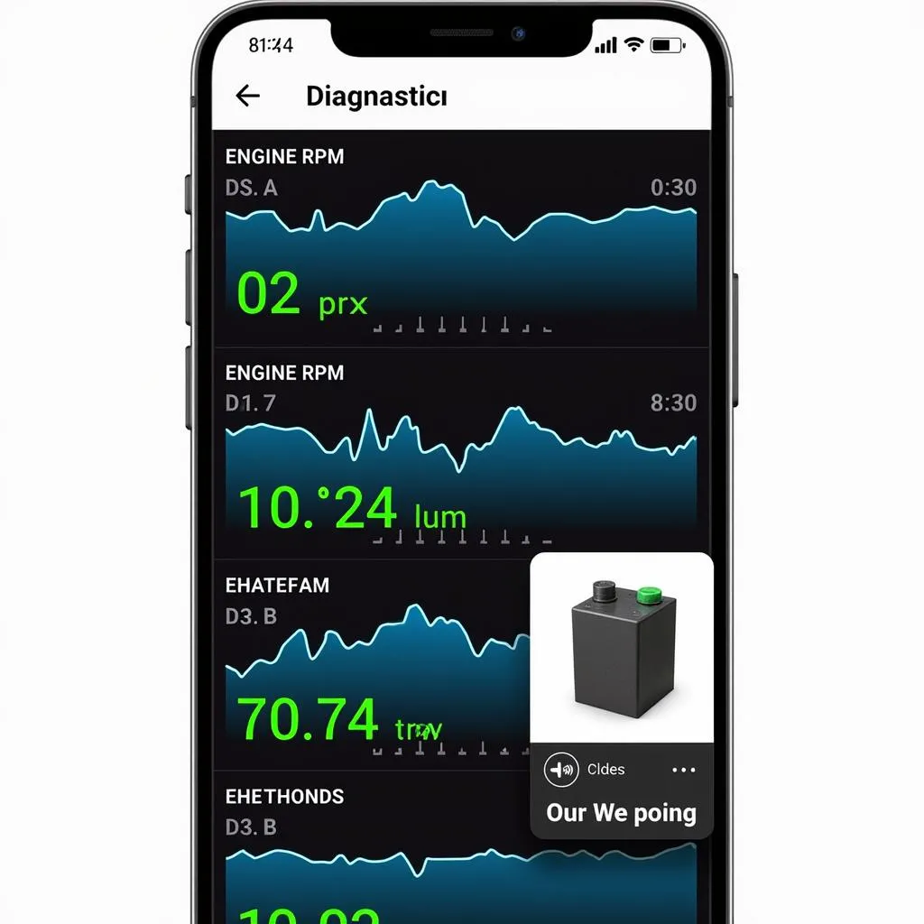 Smartphone displaying car diagnostics data via OBD2 Bluetooth app